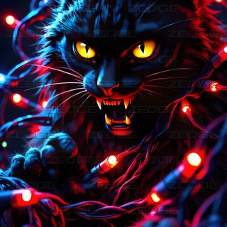 a black cat with yellow eyes surrounded by red and blue lights Halloween Fiery Felines-black Custom Cool Themes, For Your Phone, Halloween Festival, Cat, Halloween,