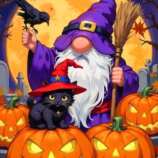 a painting of a wizard sitting on top of pumpkins with two black cats in front of it Halloween Gnomes 4 Cool Backgrounds, Halloween Gnome Ideas, Halloween Artwork, Halloween Eve, sienna