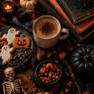 a table topped with lots of halloween decorations and books next to a cup of coffee Halloween Day black
