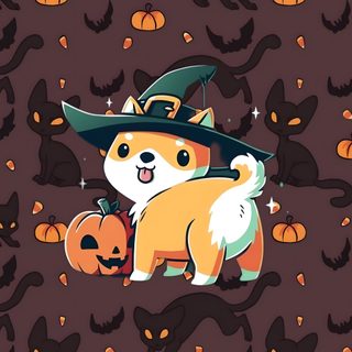 a dog wearing a witches hat and holding a pumpkin Shiba Inu Halloween Spooky Dog, Frenchie Halloween, Wiener Dog Halloween, dark slate gray