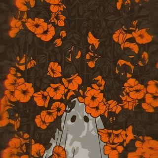 an orange and white flower arrangement in front of a black background with the image of a woman's face surrounded by flowers Halloween Floral Aesthetic Adult Halloween, Iphone Spooky Aesthetic, Summerween Phone Background, dark olive green
