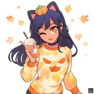 an anime character holding a drink in her hand and wearing a sweater with pumpkins on it Halloween Aphmau Aphmau Youtube, Aphmau Pictures, Aphmau, Werewolf Girl, Aphmau And Aaron, floral white