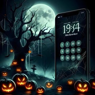 a cell phone sitting on top of a table next to pumpkins in front of a full moon Modern Smartphone With Halloween Iphone Iphone Scary Halloween Background, Android Halloween, Halloween Phone Gif, black