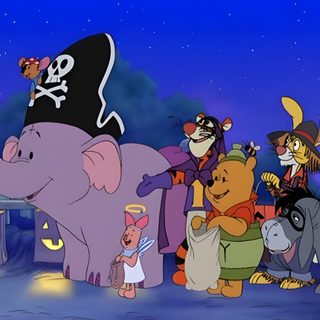 many cartoon characters are dressed up as witches and elephants in front of a halloween scene Winnie The Pooh Halloween Desktop Poohs Heffalump Halloween Movie Poster, Pooh Heffalump Halloween Movie, Poohs Heffalump Halloween Movie 2005, dark slate blue