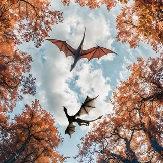 two bats flying through the air in front of trees with orange and red leaves on them Dragon Halloween Dragon Tree, Dragon Backgrounds, Forth Wing Background, Fourth Wing Background, sienna