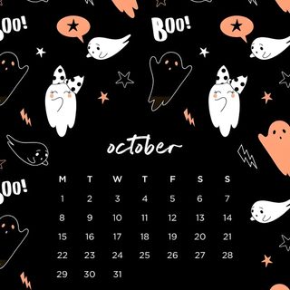 a calendar with ghost faces and stars in the background, as well as numbers for each month Cute Halloween Iphone Count Down Cute October, October Cute, October 2020 Calendar, black