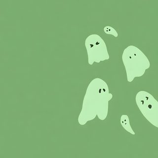 five ghost like creatures floating in the air with their heads down and eyes wide open Cute Green Halloween Halloween Backgrounds Aesthetic, Aesthetic Sage Green Halloween, Cute Green Halloween,