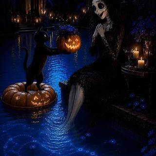 a woman sitting on a bench next to a black cat in the water at night Halloween Gift Future Society, Classy Halloween, Halloween Music, Thanks For The Gift, black