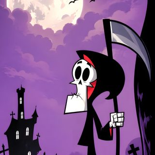 a cartoon character holding a sign in front of a full moon and graveyard with bats Cartoon Network Halloween Cn, Dark Spooky Aesthetic, Billy And Mandy, Cartoon, dark slate blue