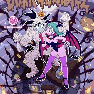an image of two cartoon characters in front of a halloween scene with bats and pumpkins Dragon Ball Halloween Dragon Ball Halloween Official Art, Demon Bulma, Bulma Halloween, Halloween Goku, gray