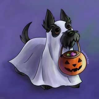 a dog dressed up as a ghost with a trick in its mouth and holding a pumpkin basket Halloween Scottish Terrier Scottish Terrier Pumpkin, Dog In Ghost Costume Drawing, Spooky Dog Drawing, dark slate blue