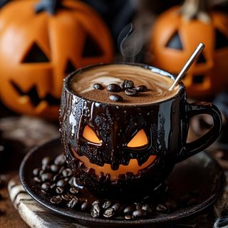 a cup of hot chocolate with pumpkins on the side and coffee beans around it Halloween Coffee Halloween Coffee Ideas, Halloween Coffee Pics, Halloween Coffee, black