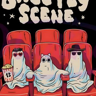 two ghosty men sitting in red chairs with popcorn Halloween Taylor Swift black