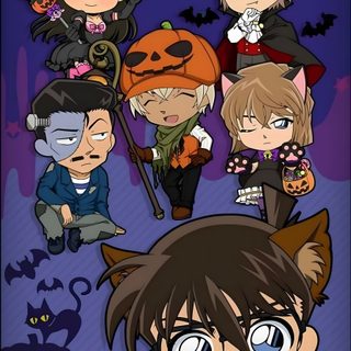 an anime character poster with many different characters in the same frame, including cats and witches Detective Conan Halloween Conan Halloween, Detective Conan Halloween Bride, Detective Conan Christmas, dark slate gray