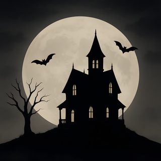 a spooky house with bats flying over it and the moon in the background Halloween House Ideas Vampire House, Halloween House Silhouette Drawing, Scary Houses, black