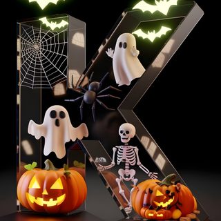 the letter k is decorated with halloween pumpkins and ghostes as well as two jack - o'- lanterns Halloween Name Initials, Skull, Halloween, Design, Letter Art Design, K Letter Images, black