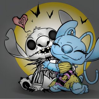 two cartoon characters hugging each other in front of a full moon with spooky eyes Halloween Stitch And Angel Stitch And Angel, Cute Stitch, Ángeles Y Demonios, Halloween, dark slate gray