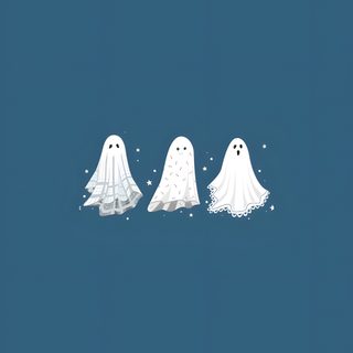 three ghost like creatures standing in the middle of a blue background with snow flakes Cute Light Blue Halloween Cute Ghost, Halloween Decoration Ideas, Halloween Ghost Art,