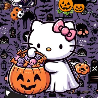 a hello kitty halloween wallpaper with pumpkins and cats in the background on purple Purple Hello Kitty Halloween Spooky Halloween Hello Kitty, Iphone Cute Hello Kitty Halloween, Cute Hello Kitty Halloween, dim gray