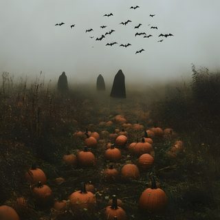 there are many pumpkins in the field with birds flying over them on a foggy day Rustic Halloween Autumn Spooky Aesthetic, Spooky Fall Aesthetic, Spooky Autumn Aesthetic, dark olive green