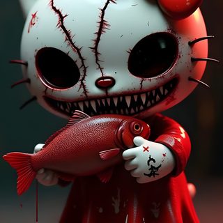 a hello kitty figurine holding a fish with blood all over it's body Halloween Hello Kitty 3d Skull Cupcakes, Creepy Gif, Scary Images, Animal Caricature, dark slate gray