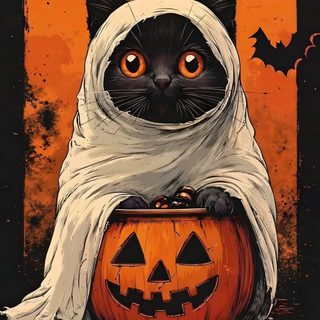 a black cat wearing a white cape and sitting on top of a pumpkin Halloween Cat 4k Helloween Cat, Animated Halloween Cat, Halloween Cat Ideas, saddle brown
