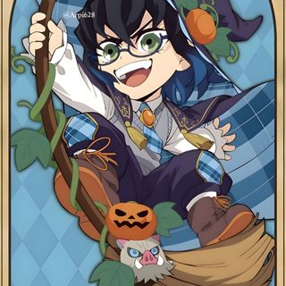 an anime character holding a broom and pumpkins in front of a frame with the words ins Inosuke Halloween Demon Slayer Halloween Backgrounds, Demon Slayer Halloween, Halloween Demon Slayer, light slate gray