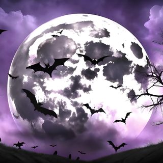 bats flying in front of a full moon with purple clouds and trees on the hill Halloween Bat Moon Purple Large Beautiful Dark Art, Dark Art, dark slate blue