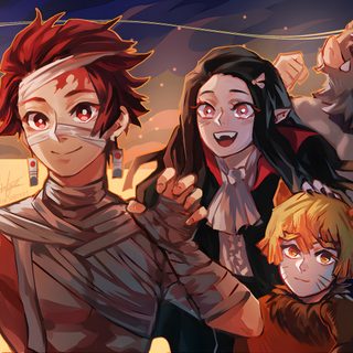 three people with bandages on their faces are standing in front of a night sky and stars Halloween Demon Slayer Tanjiro Halloween Fanart, Demon Slayer Halloween Pictures, Demon Slayer Halloween Inosuke, dark olive green