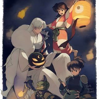 an image of some people with pumpkins in the air and one person holding a lantern Inuyasha Halloween Awesome Anime, Art, Fan Art, Inuyasha And Sesshomaru, Art Inspiration, Inuyasha, dim gray