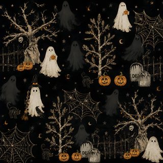black and white halloween themed fabric with pumpkins, ghost's and trees Halloween Chalkboard black