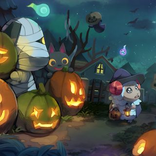 an animated halloween scene with pumpkins and cats in the background, all lit up Acnh Halloween Nintendo Halloween Art, Acnh Fall, Animal Crossing Fall Background, dark slate gray