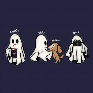 three ghost characters, one with a camera and the other with a dog Sturniolo Halloween Sturniolo Drawings, Sturniolo Coloring Pages, Sturniolo Triples, dark slate gray