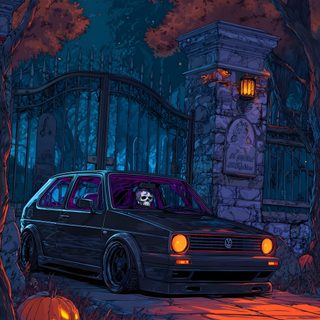 a black car parked in front of a gate with pumpkins on the ground next to it Halloween Car Golf Mk2, Batman Comic, Harry Potter Books, Dream Garage, Car Drawings, dark slate gray
