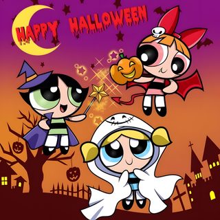 the powerpuff girls in halloween costumes are flying through the air with bats and pumpkins Powerpuff Girls Halloween Halloween Power Puff, Powerpuff Girls Thanksgiving, Powerpuff Girls Fall, brown