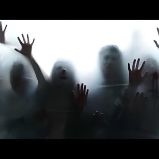 several people with their hands up in front of a foggy background and text that reads, Halloween Zombie Screensaver For Pc, Ghost Video, Live Zombie, Zombie Apocalypse Live, dark slate gray
