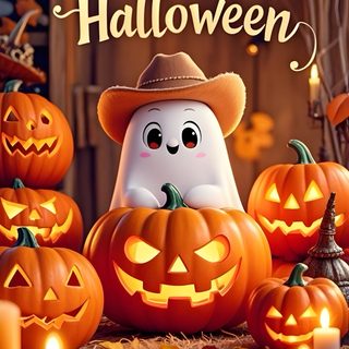 a halloween scene with pumpkins and ghost in the background, text reads happy halloween Happy Halloween 2025 Cute Happy Halloween Photos, Happy Happy Halloween Images, Happy Halloween Wishes Images, saddle brown
