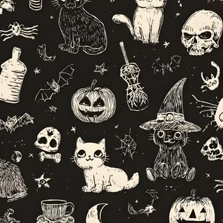 black and white halloween themed wallpaper with cats, bats, pumpkins, ghost heads Black And While Halloween Silly Skeleton, Halloween Black And White, Candy Buckets, Cat Lounge,
