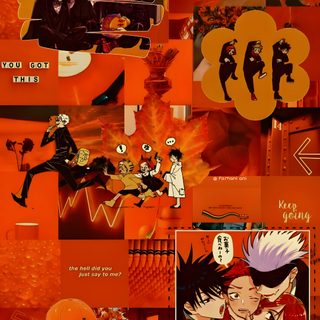 an orange background with many different pictures and words Halloween Jjk Halloween Jjk, Jujutsu Kaisen Halloween, Jujustu Kaisen Halloween Pfp, firebrick