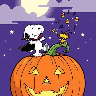 a cartoon dog sitting on top of a pumpkin Peanuts Halloween With Pumpkins Snoopy Pictures, Halloween Cute, Halloween, dark slate blue