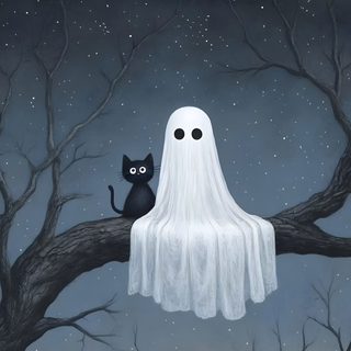 a black cat sitting on top of a tree next to a ghost Halloween Ghost Tree Halloween Ghost Cat Art, Cute Cat And Ghost Art, Funny Cat And Ghost Art, dim gray