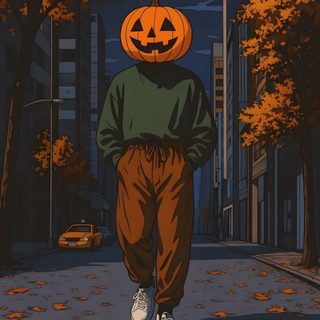 a person walking down a street with a jack - o'- lantern on their head Aesthetic Halloween Boys Gothic Characters, Pumpkin Head Man Drawing, Halloween Pumpkin Man Drawing, dark slate gray