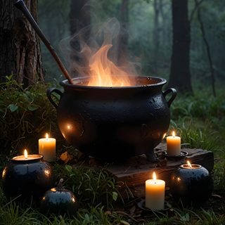 a large pot with some lit candles in the grass next to it and several smaller ones around it Halloween Witch Cauldron Cauldron, Halloween Cauldron, Cauldron Aesthetic, Work Vision Board, Witchy, black