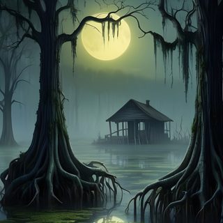a swampy area with trees and a house in the background at night time, under a full moon Halloween Swamp Swamp Scenery, Haunted Swamp Background, Swamp Pictures Drawing, Swamp House, dark slate gray