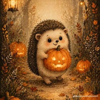 a hedge holding a pumpkin in the middle of a forest with lots of pumpkins Halloween Forest Animals saddle brown