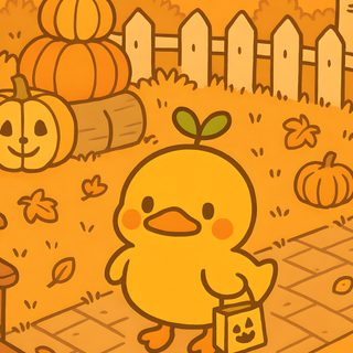 an image of a cartoon chicken with pumpkins in the background Cute Yellow Halloween Simple Fall Cartoon, Cute Fall Cartoon, Fall Cute Cartoon, goldenrod
