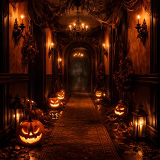 a long hallway decorated with pumpkins and candles Halloween Hallway Hallway To Halloween, Halloween Cute, Spooky Hallway Scene, October, Glow Pumpkin, black
