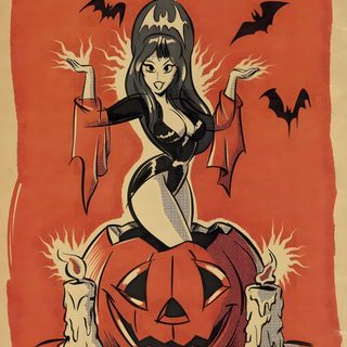 a drawing of a woman sitting on top of a pumpkin with bats flying around her Halloween Pinup Art Halloween Pin Up, Vintage Halloween Pinup, Vintage Retro Art, sienna