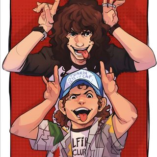 two people with their hands up in the air and one person making an obscene gesture Matching Stranger Things And Halloween Characters Stranger Things Tattoo, Stranger Things Art, Eddie Drawing Stranger Things, sienna