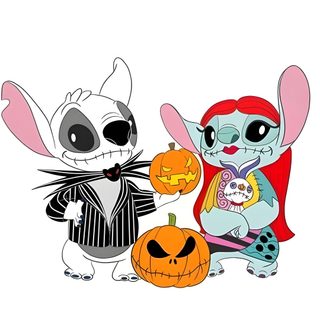 three cartoon characters dressed in halloween costumes Halloween Stitch And Angel Stitch And Angel As Jack And Sally, Cute Halloween Drawings Stitch, Lilo And Stitch Halloween Drawings, white